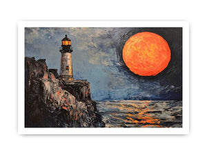 Coastal lighthouse canvas art with orange moon, ocean, and rocky cliffs for modern living room decor.