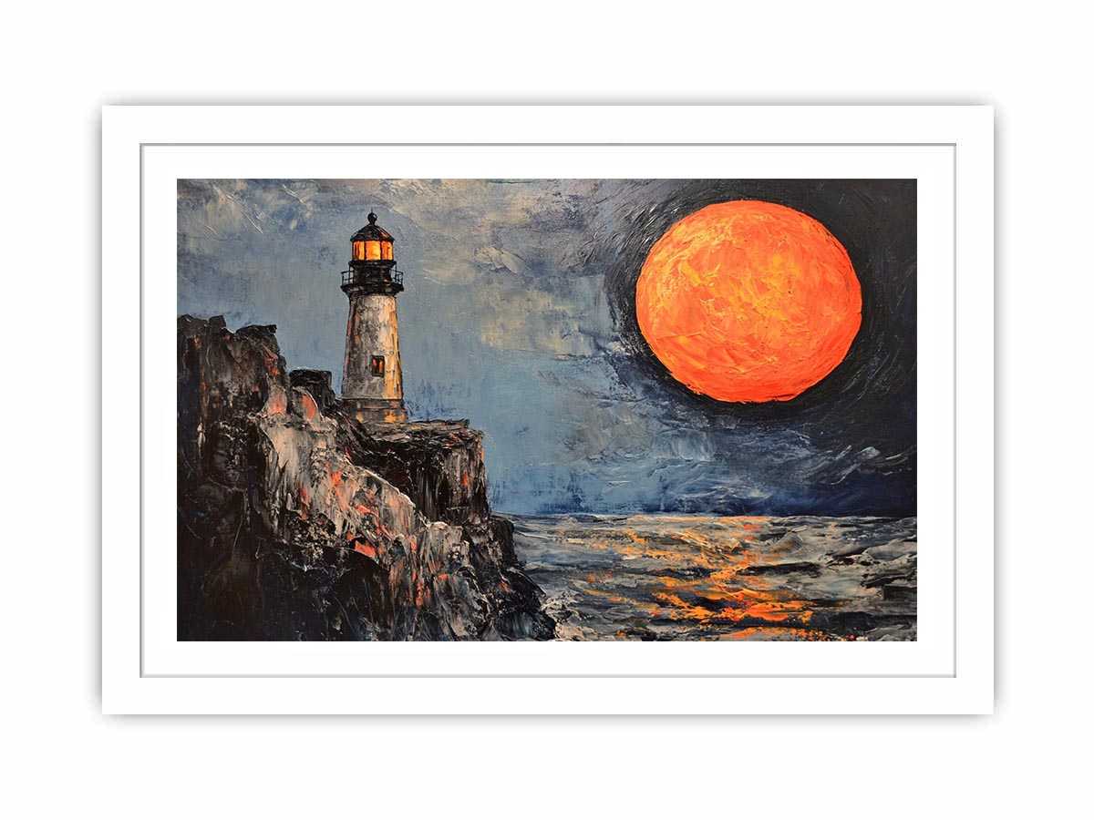 Coastal lighthouse canvas art with orange moon, ocean, and rocky cliffs for modern living room decor.