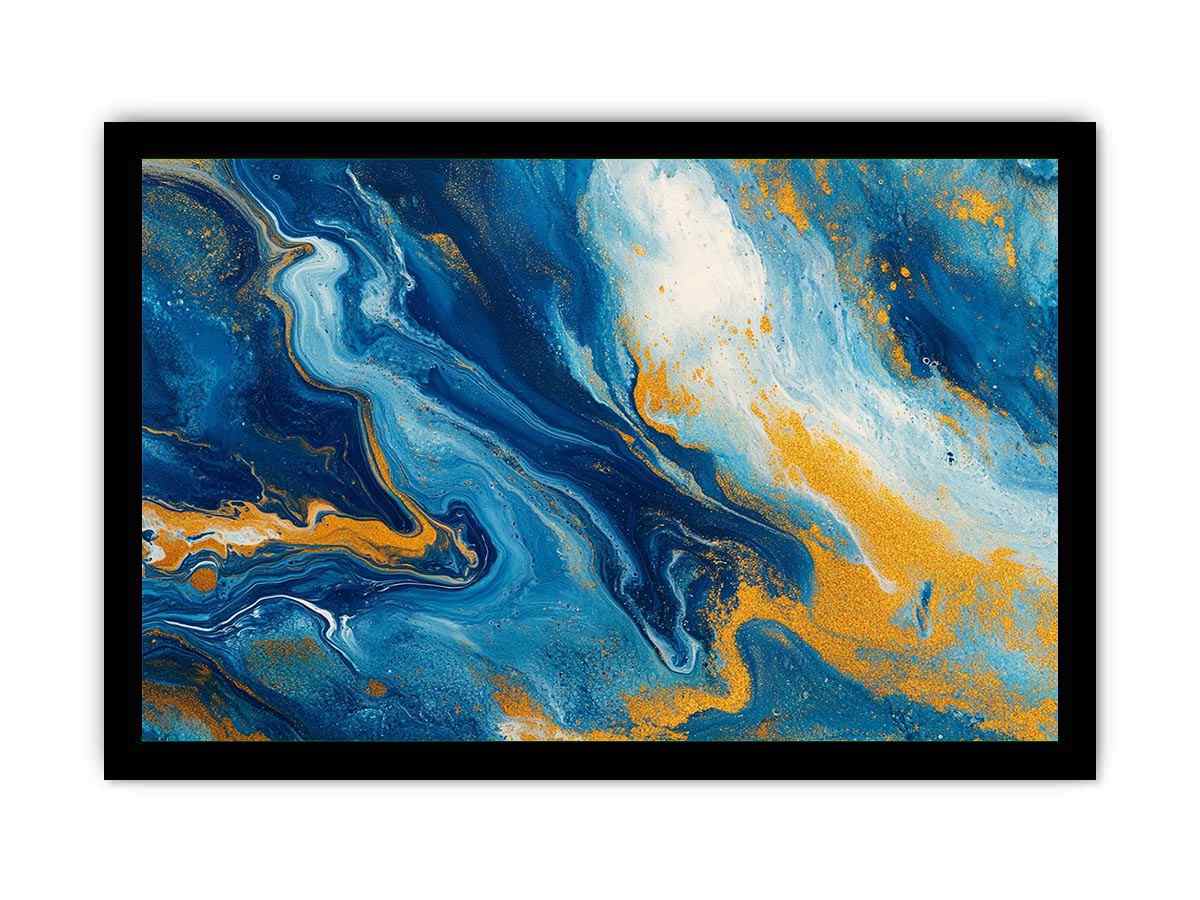 Blue and gold fluid abstract artwork for modern living room decor