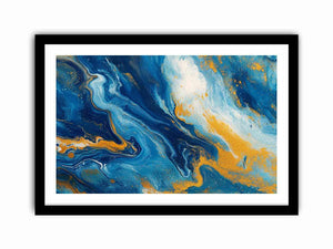 Blue and gold fluid abstract artwork for modern living room decor