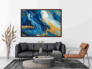 Blue and gold fluid abstract artwork for modern living room decor