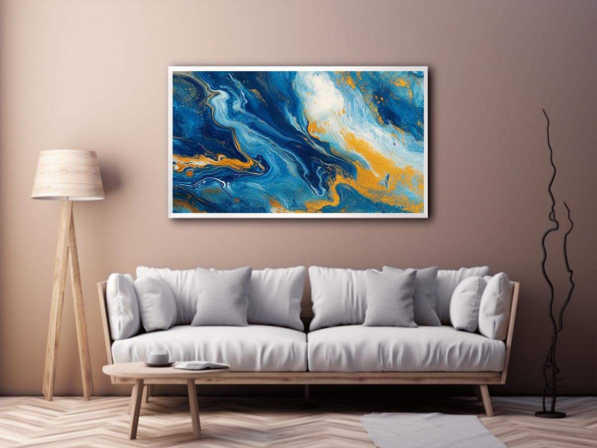 Blue and gold fluid abstract artwork for modern living room decor