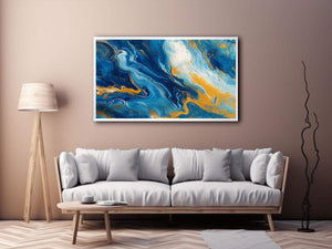 Blue and gold fluid abstract artwork for modern living room decor