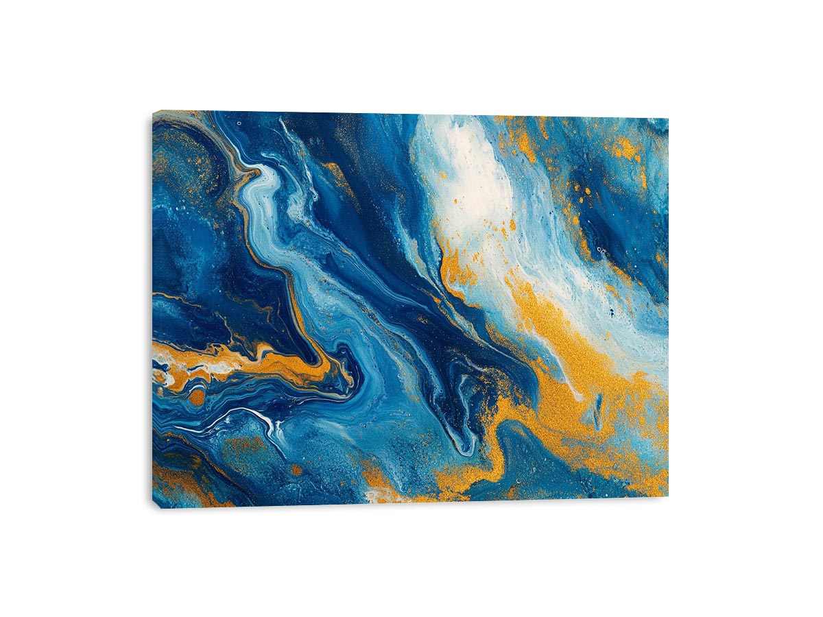 Blue and gold fluid abstract artwork for modern living room decor
