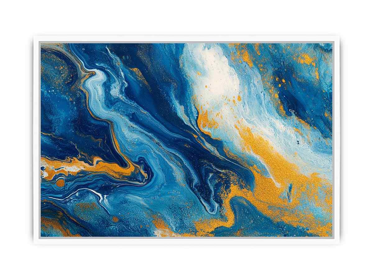 Blue and gold fluid abstract artwork for modern living room decor