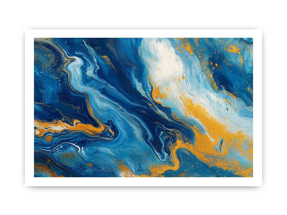 Blue and gold fluid abstract artwork for modern living room decor