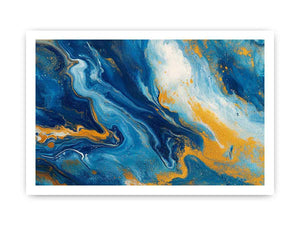 Blue and gold fluid abstract artwork for modern living room decor