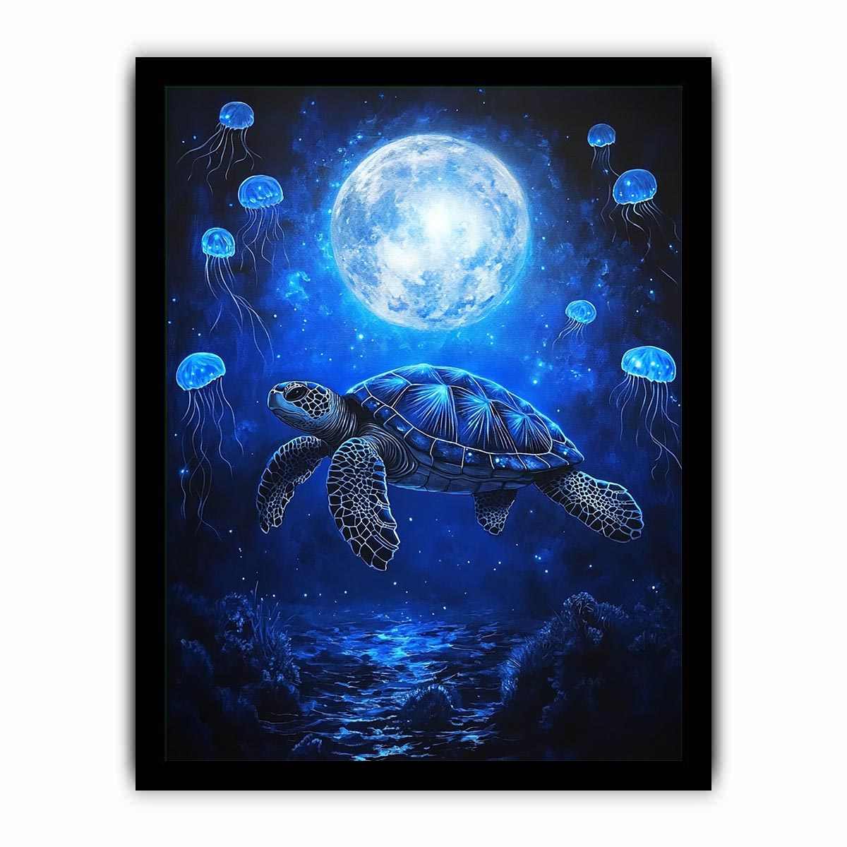 Fantasy sea turtle and jellyfish artwork for bedroom wall decor