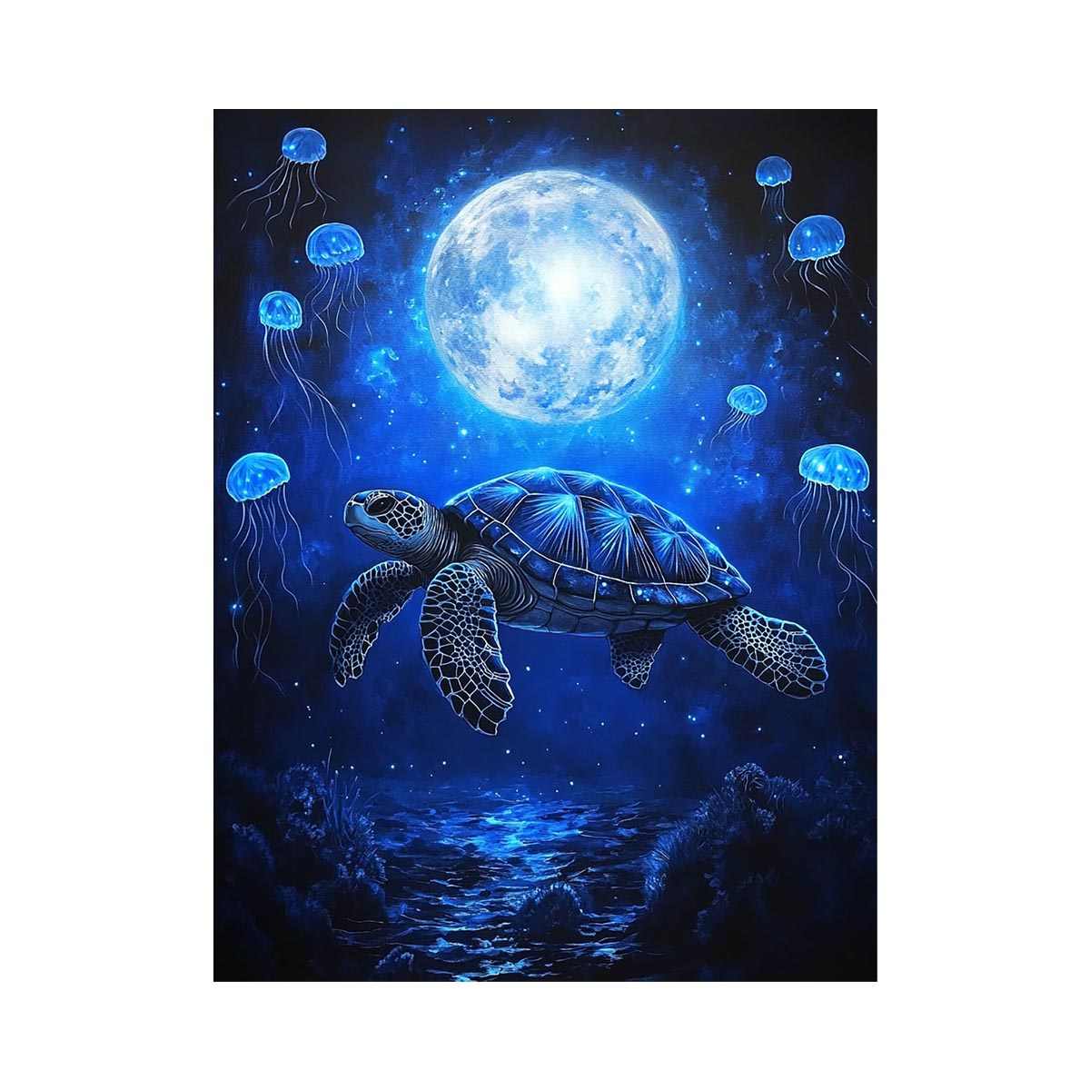 Fantasy sea turtle and jellyfish artwork for bedroom wall decor