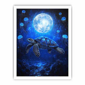 Fantasy sea turtle and jellyfish artwork for bedroom wall decor