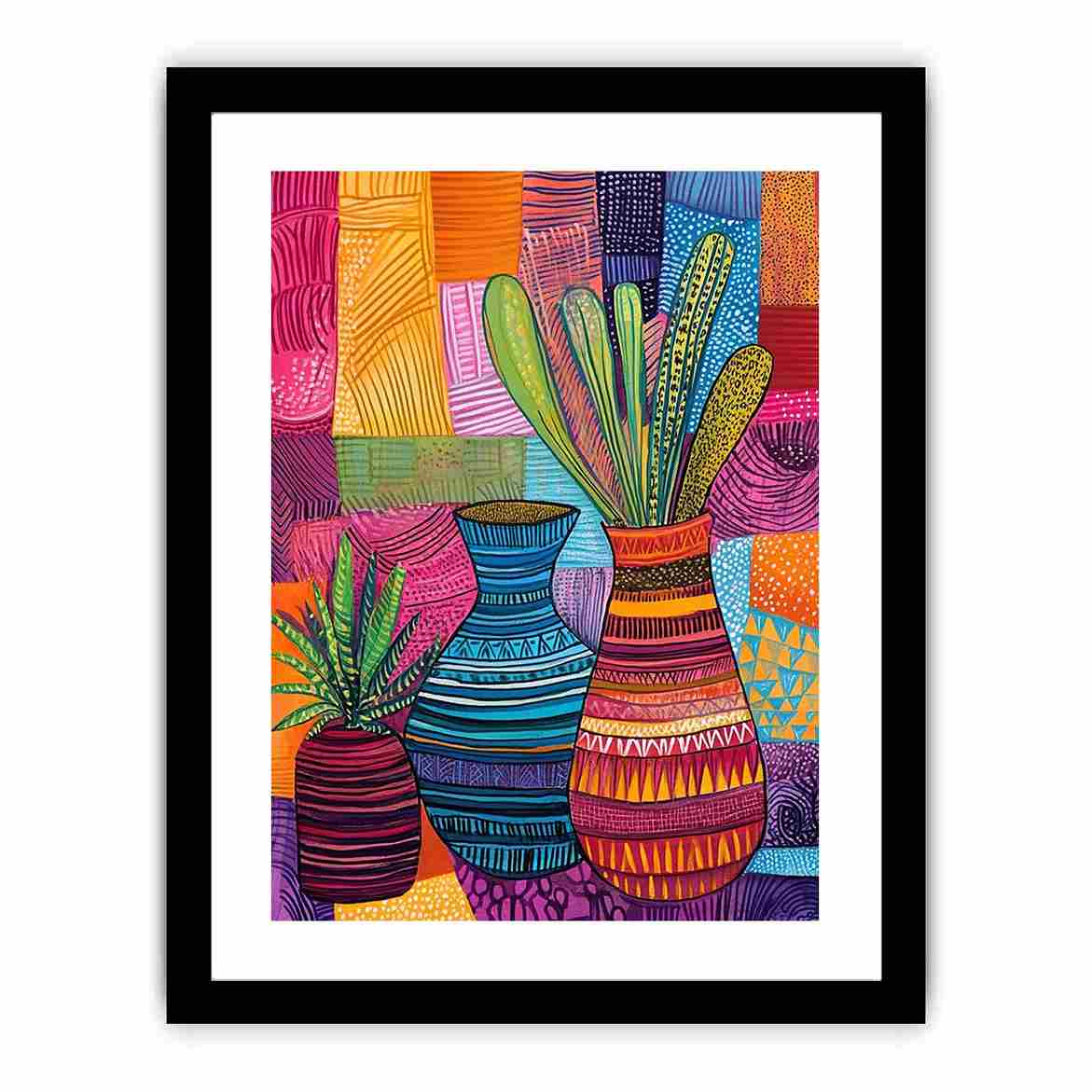 Colorful patterned vase artwork for eclectic living room decor