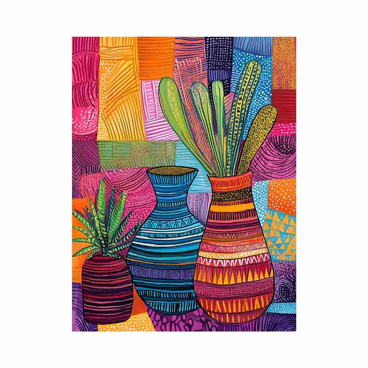 Colorful patterned vase artwork for eclectic living room decor