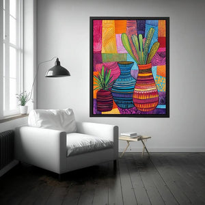 Colorful patterned vase artwork for eclectic living room decor