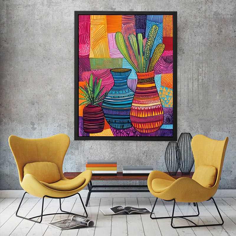 Colorful patterned vase artwork for eclectic living room decor