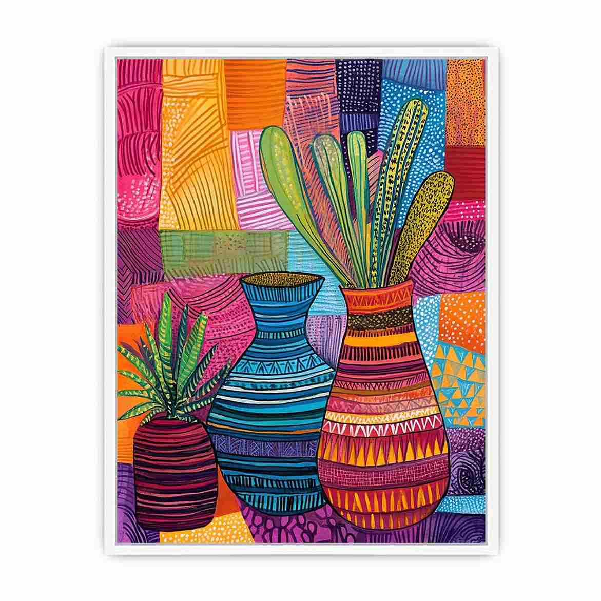Colorful patterned vase artwork for eclectic living room decor