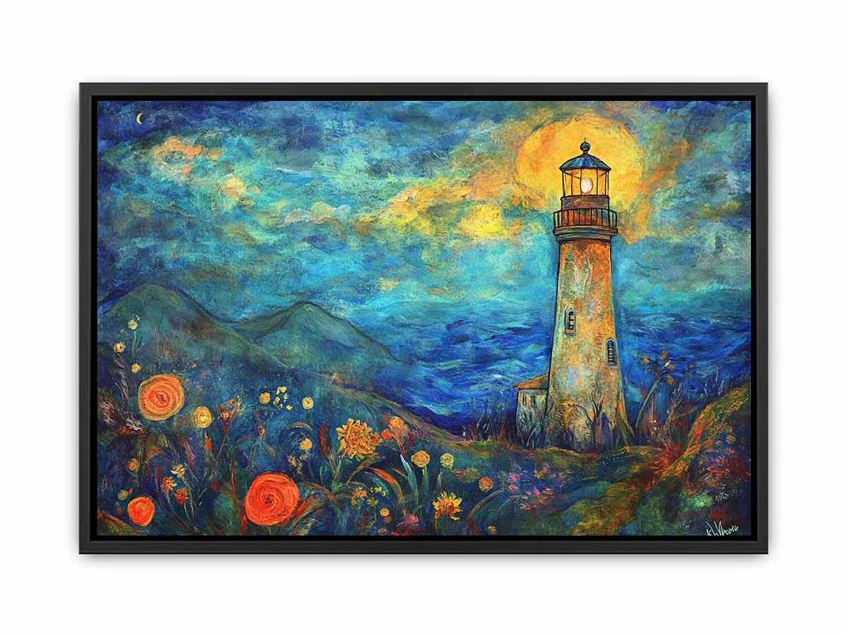Dreamy lighthouse watercolor canvas art with moonlit coast for modern living room decor.