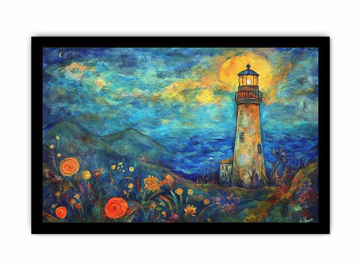 Dreamy lighthouse watercolor canvas art with moonlit coast for modern living room decor.