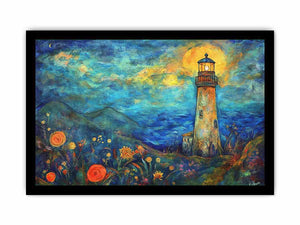 Dreamy lighthouse watercolor canvas art with moonlit coast for modern living room decor.
