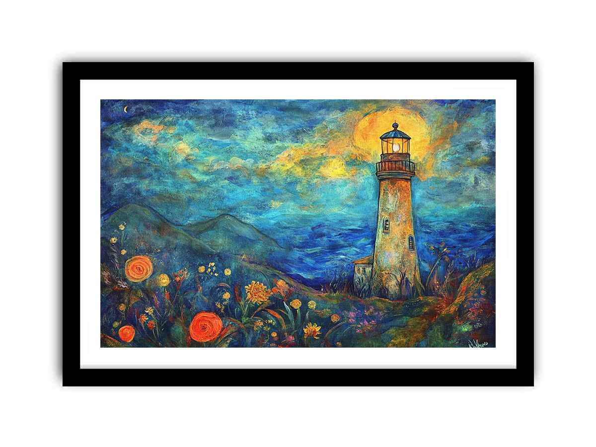 Dreamy lighthouse watercolor canvas art with moonlit coast for modern living room decor.