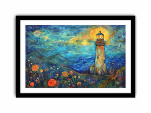 Dreamy lighthouse watercolor canvas art with moonlit coast for modern living room decor.