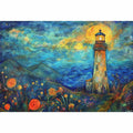 Dreamy lighthouse watercolor canvas art with moonlit coast for modern living room decor.