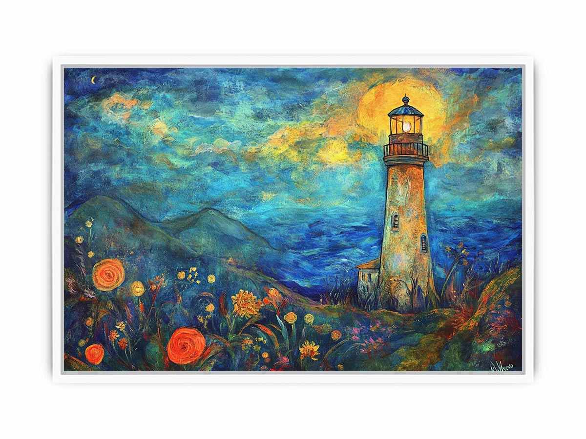 Dreamy lighthouse watercolor canvas art with moonlit coast for modern living room decor.