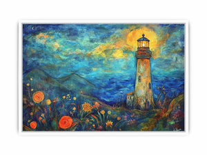 Dreamy lighthouse watercolor canvas art with moonlit coast for modern living room decor.