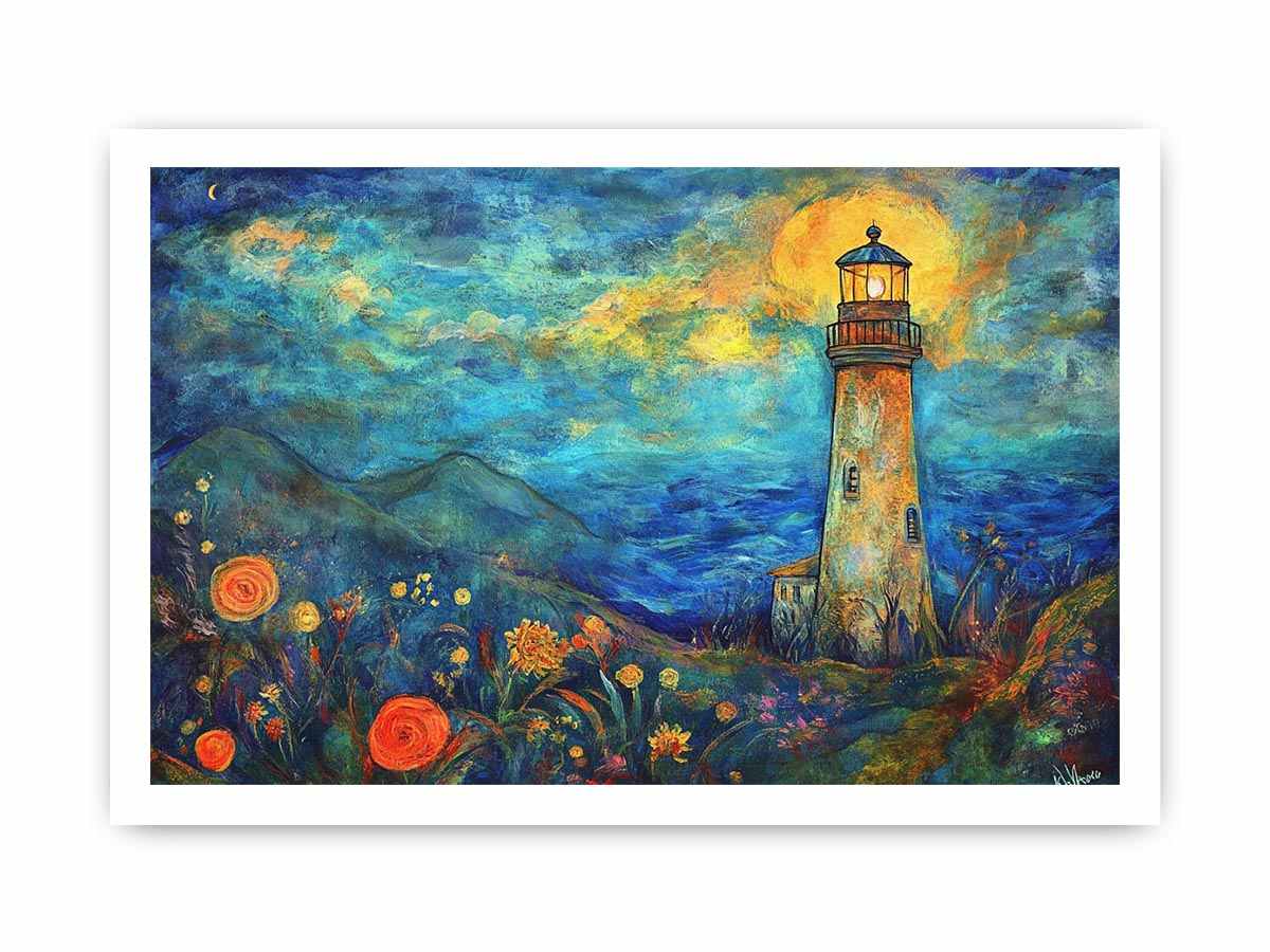 Dreamy lighthouse watercolor canvas art with moonlit coast for modern living room decor.
