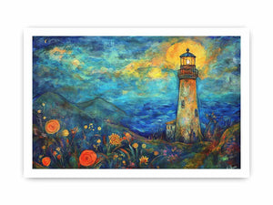 Dreamy lighthouse watercolor canvas art with moonlit coast for modern living room decor.