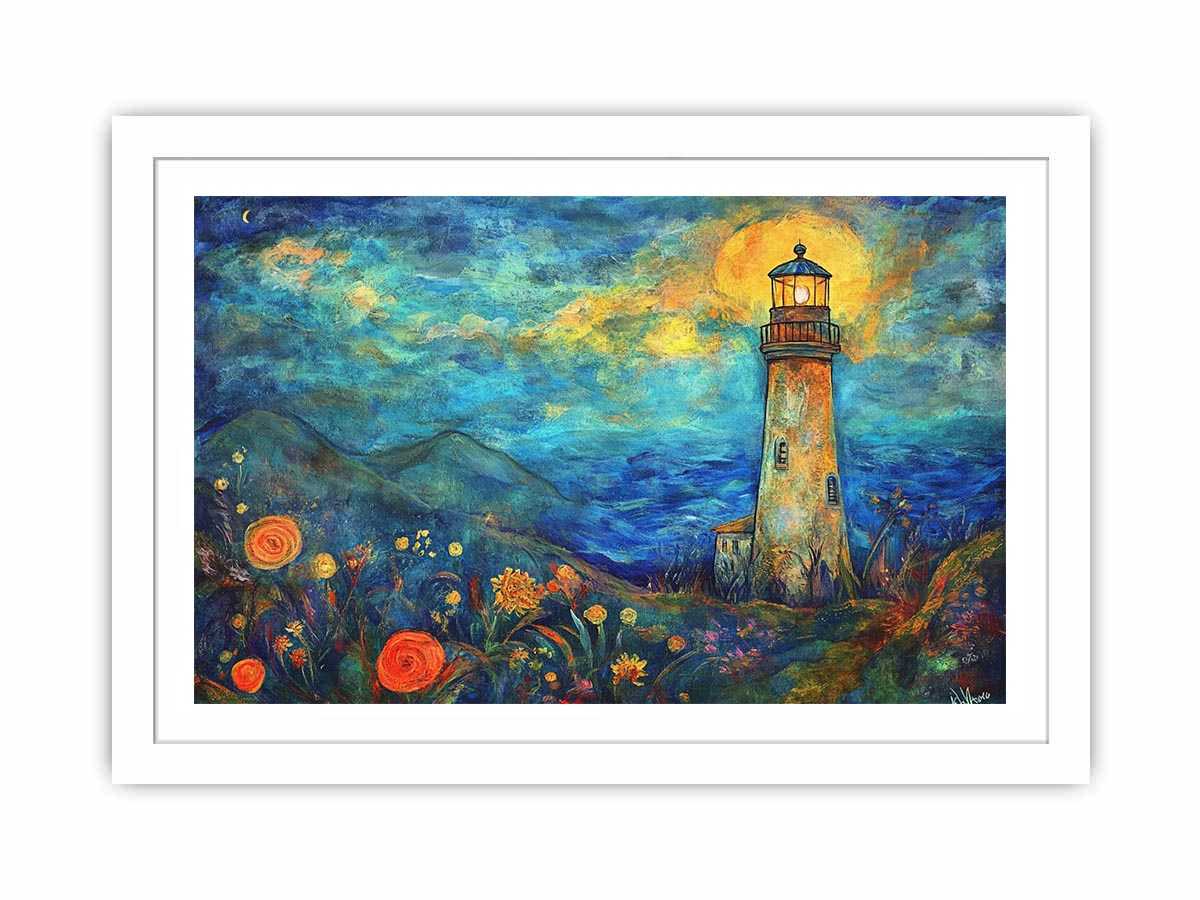 Dreamy lighthouse watercolor canvas art with moonlit coast for modern living room decor.