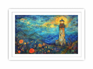 Dreamy lighthouse watercolor canvas art with moonlit coast for modern living room decor.