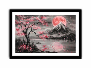 Cherry blossom moon landscape wall art for bedroom decor