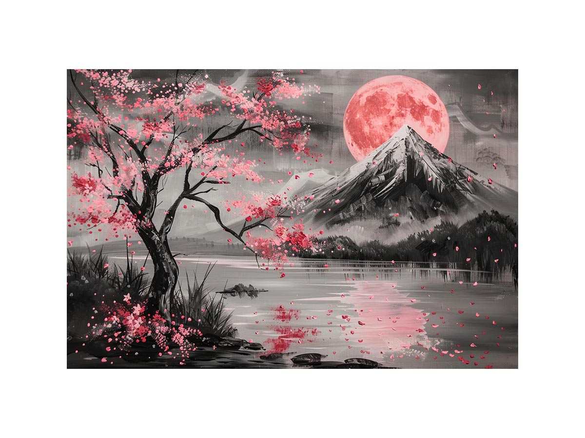 Cherry blossom moon landscape wall art for bedroom decor