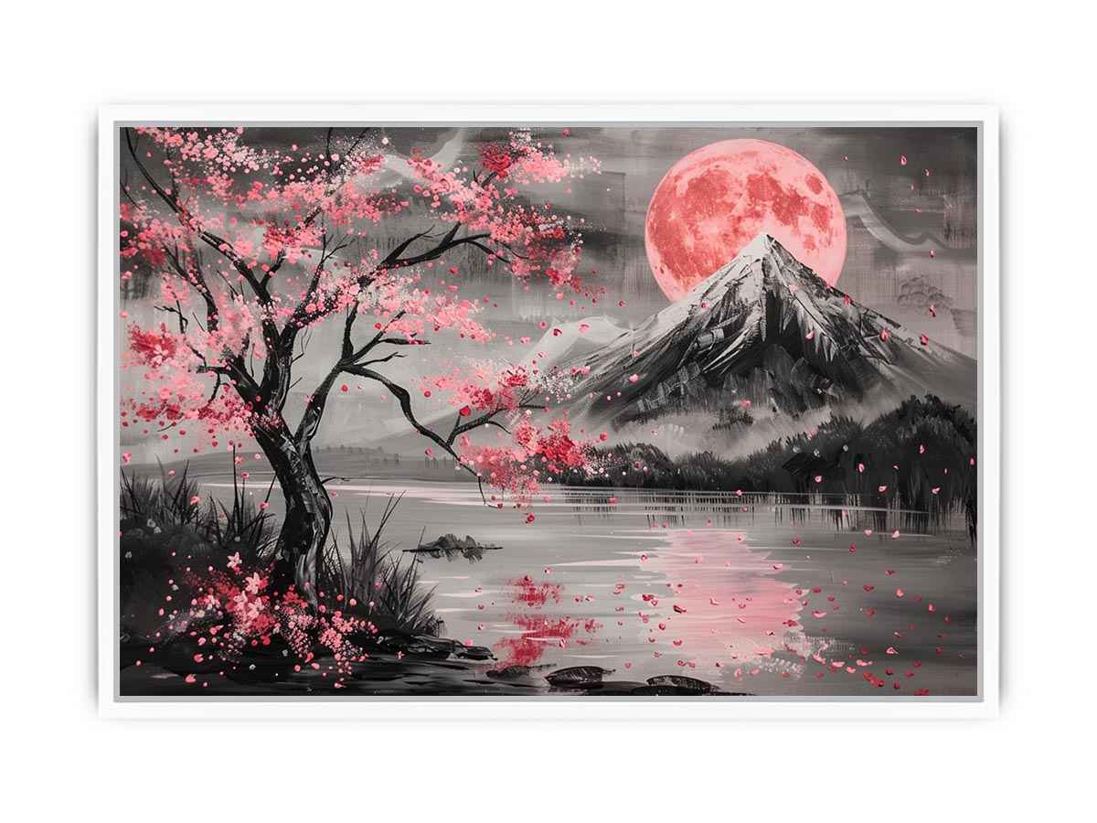 Cherry blossom moon landscape wall art for bedroom decor