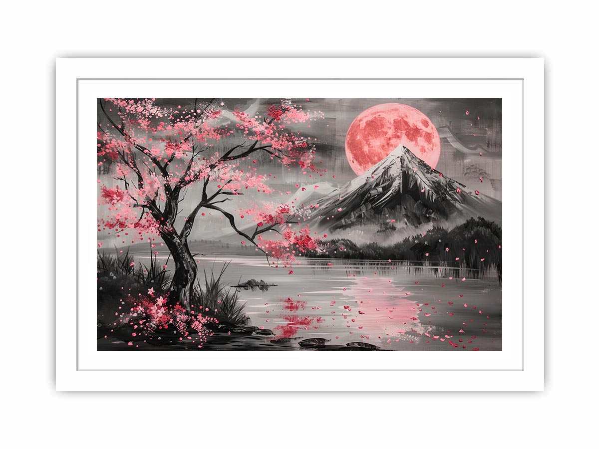 Cherry blossom moon landscape wall art for bedroom decor