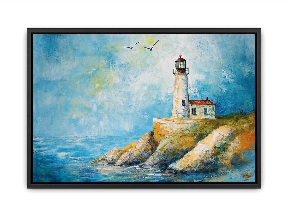 Soft coastal lighthouse watercolor canvas print for bright modern living room decor.
