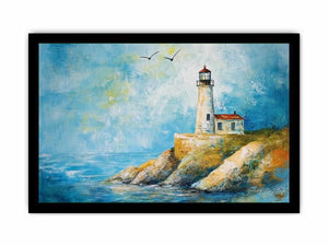 Soft coastal lighthouse watercolor canvas print for bright modern living room decor.