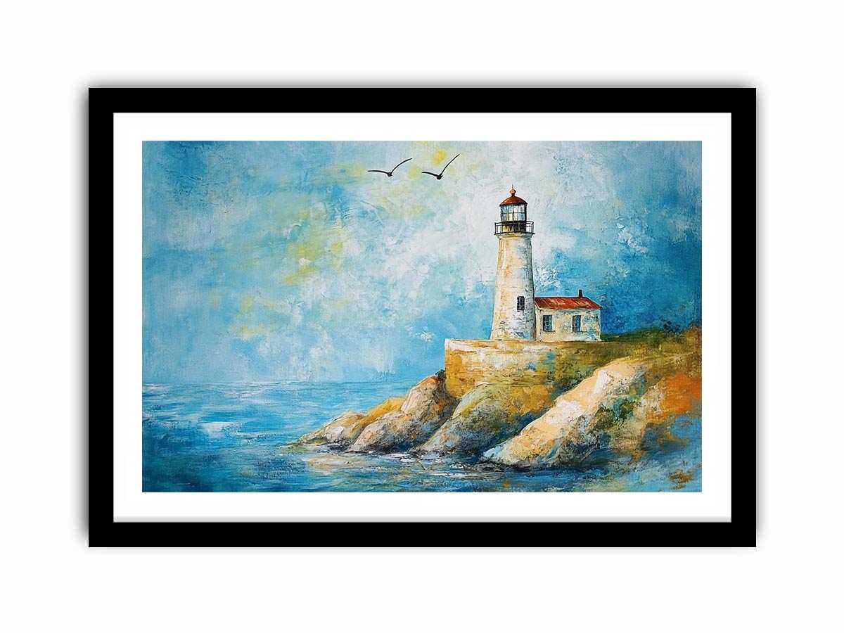 Soft coastal lighthouse watercolor canvas print for bright modern living room decor.