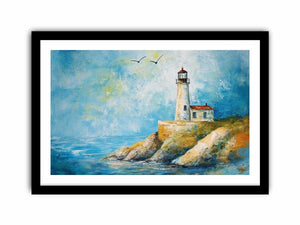 Soft coastal lighthouse watercolor canvas print for bright modern living room decor.