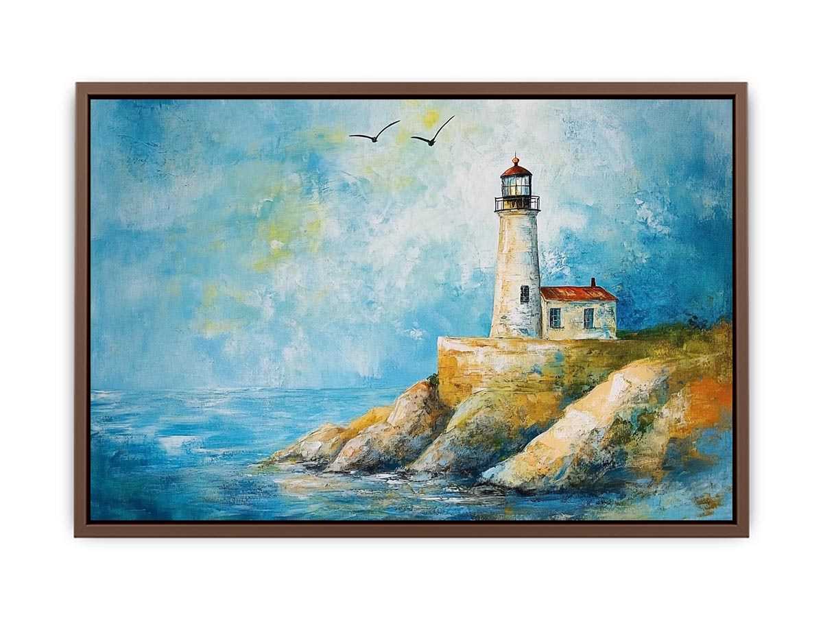 Soft coastal lighthouse watercolor canvas print for bright modern living room decor.