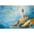 Soft coastal lighthouse watercolor canvas print for bright modern living room decor.