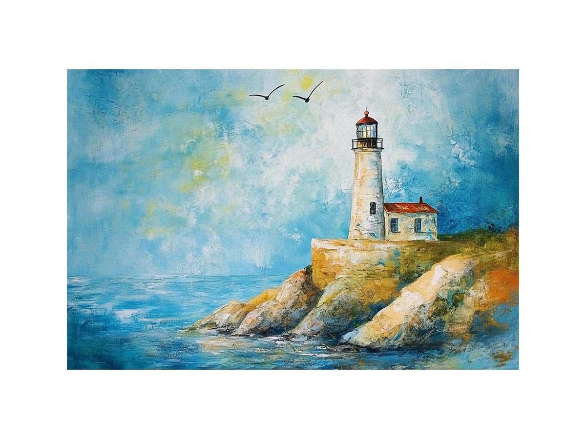 Soft coastal lighthouse watercolor canvas print for bright modern living room decor.