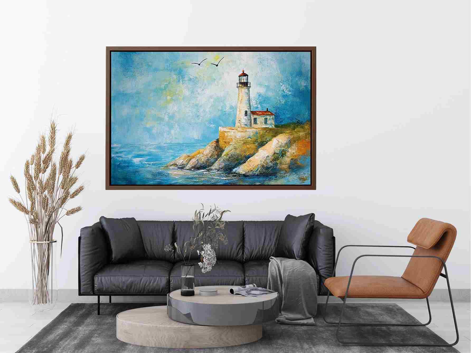 Soft coastal lighthouse watercolor canvas print for bright modern living room decor.