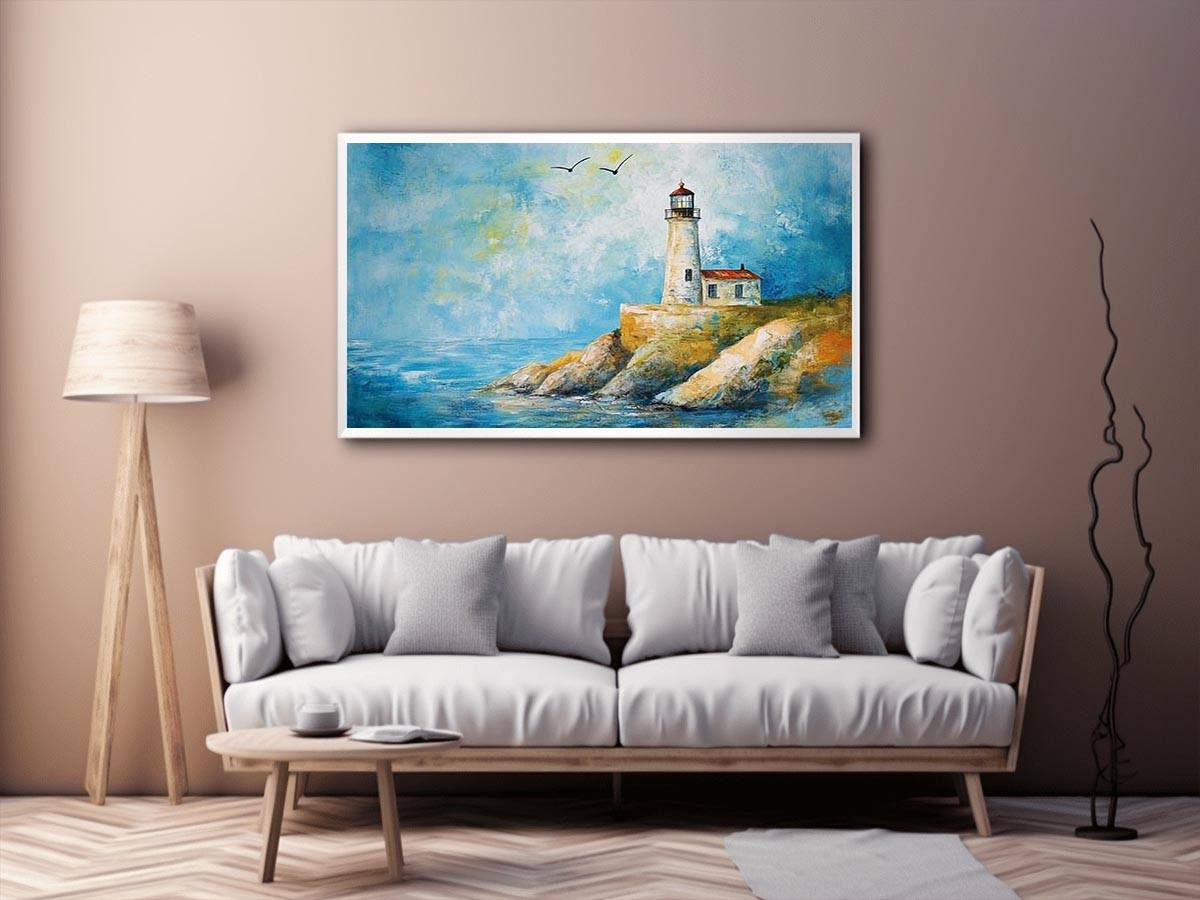 Soft coastal lighthouse watercolor canvas print for bright modern living room decor.