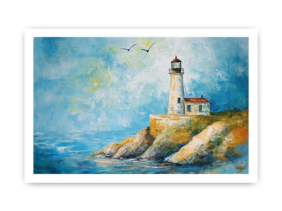 Soft coastal lighthouse watercolor canvas print for bright modern living room decor.