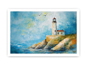 Soft coastal lighthouse watercolor canvas print for bright modern living room decor.