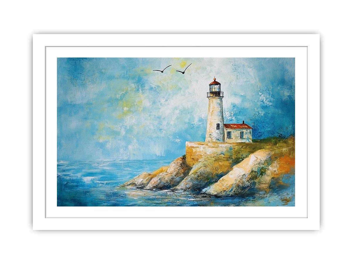 Soft coastal lighthouse watercolor canvas print for bright modern living room decor.