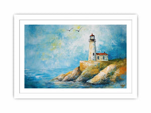 Soft coastal lighthouse watercolor canvas print for bright modern living room decor.