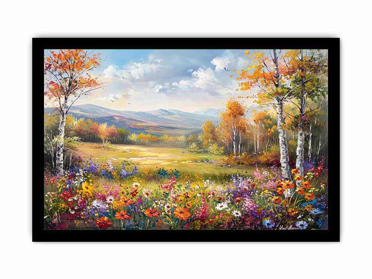 Autumn meadow landscape canvas art with wildflowers and mountains for elegant living room decor