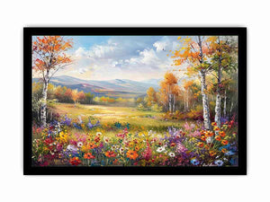 Autumn meadow landscape canvas art with wildflowers and mountains for elegant living room decor